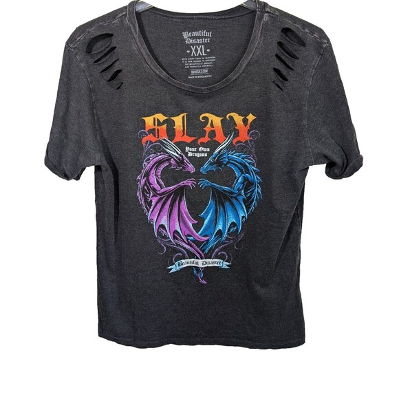 Beautiful Disaster Women's Slay Slash Shoulder Tee Dragons Size XXL - Picture 1 of 12